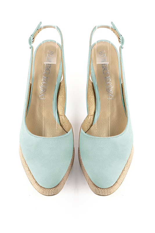 Aquamarine blue women's slingback shoes. Round toe. Very high wedge soles. Top view - Florence KOOIJMAN